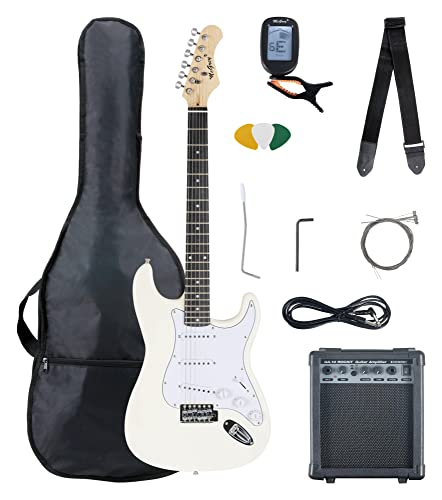 McGrey Rockit ST Komplettset E-Gitarre (8-teiliges Anfängerset mit Gitarre, Verstärker, Ersatzsaiten, Gitarrentasche, Stimmgerät, Plektren, Gurt und Gitarrenkabel) White von McGrey