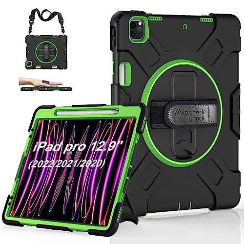 Miesherk STOCK iPad Pro 12.9 Case 2022 6th Generation/2021 5th Gen: Military Grade Silicone Protective Cover for iPad 12.9 Inch 2020 4th Gen w/Pencil Holder - Stand - Handle - Shoulder Strap- Green von Miesherk STOCK
