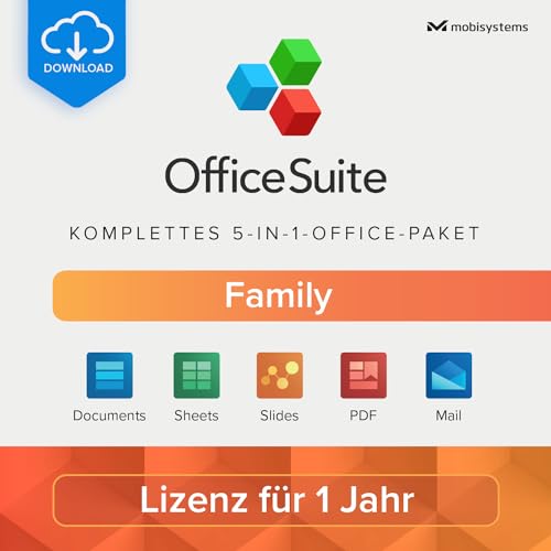 OfficeSuite Family | 5-in-1-Office-Paket | Dokumente, Tabellen, Präsentationen, PDF, E-Mail & Kalender | Lizenz für 1 Jahr | 1 Windows-PC & 2 Mobilgeräte | 6 Benutzer [Online-Code] von MobiSystems
