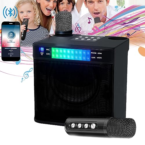 Karaoke Mikrofon, Tragbare Karaoke Maschine Bluetooth Karaoke Anlage mit 2 Drahtlosen Mikrofonen LED Bunte Lichter Wiederaufladbar Lautsprechersystem für Erwachsene Kinder Unterstützt USB TF AUX von Mocoli