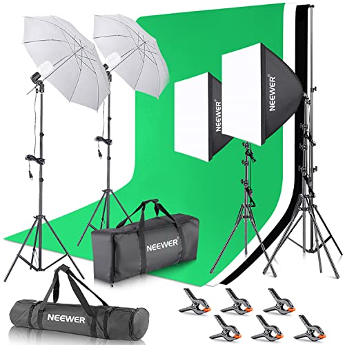 NEEWER Fotostudio Set mit Hintergrund Fotografie: 8,5ftx10ft Hintergrundsystem, 800W äquivalente 5700K LED Schirm und Softbox, Studiolicht mit Green Screen Hintergründen für Porträt Produktfotografie von NEEWER