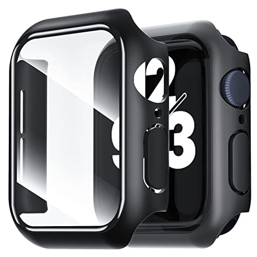 NEW'C 2 Stücke Hülle mit Glas Displayschutz für Apple Watch Series 6/5/4 Se 40mm - Overall PC Case Slim Hartglas Displayschutz Schutzhülle für Apple Watch 40mm Series 4/5/6/SE - Schwarz von NEW'C