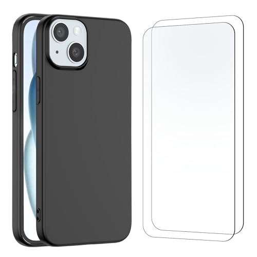 NEW'C Hülle für iPhone 15 (6,1") - Ultra Thin Silikon Schwarz und 2 × Panzer Schutz Glas für iPhone 15 (6,1") von NEW'C