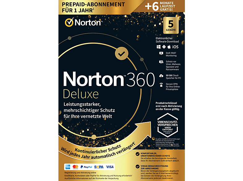 Norton 360 Deluxe - 1 Benutzer 5 Geräte 12+6 Monate Abo 50GB Cloud-Speicher (PC, iOS, MAC, Android) von NORTON LIFELOCK (SW)