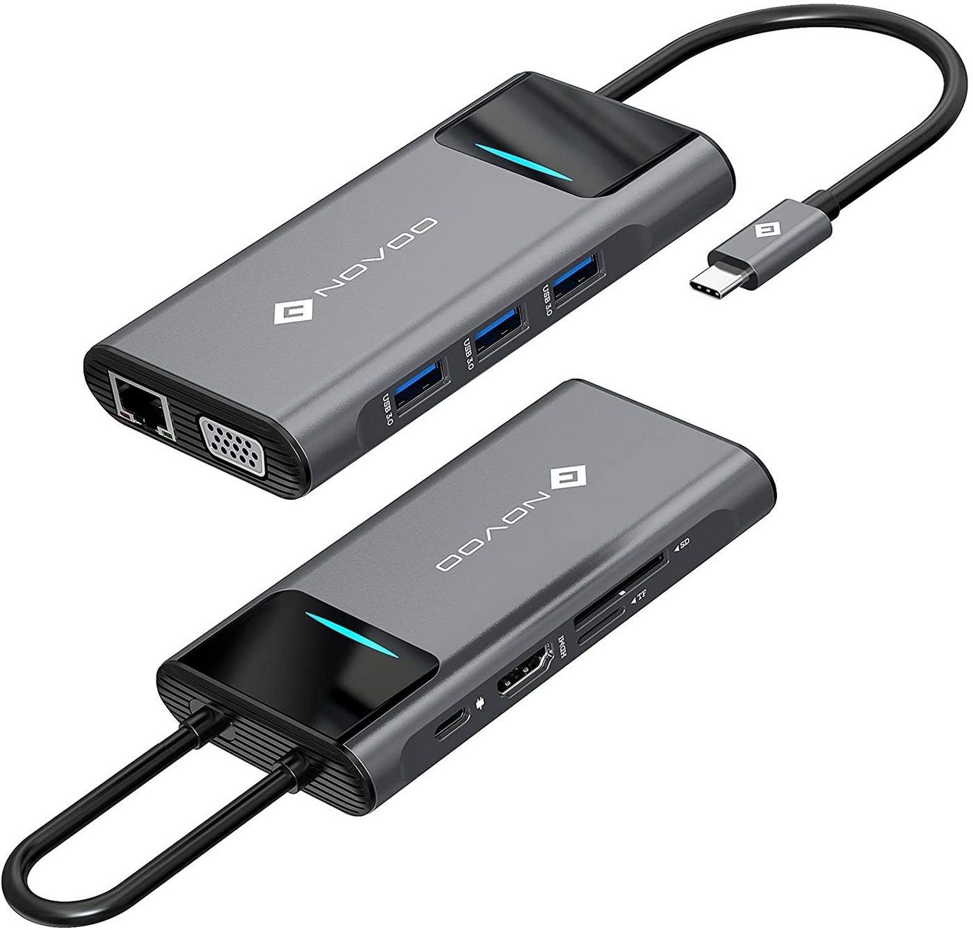 NOVOO 9 in 1 Adapter für technische Geräte, Anschlusserweiterung für den PC USB-Adapter USB-C zu HDMI 4K, TF/SD Card Reader, VGA, RJ45 Gigabit Ethernet, 3xUSB 3.0, USB-C, Kompatibel mit Windows Laptop, Tablet, MacBook & Ipad von NOVOO