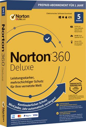 Norton Life Lock Norton™ 360 Deluxe 50GB GE 1 USER 5 DEVICE 12MO Jahreslizenz, 5 Lizenzen Windows, von Norton Life Lock