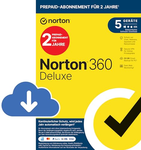 NORTON 360 Deluxe 2024 5 Geräte 1 Benutzer 2 Jahr Abonnement mit automatischer Verlängerung PC/Mac/Android/iOS Aktivierungscode per Email von Norton