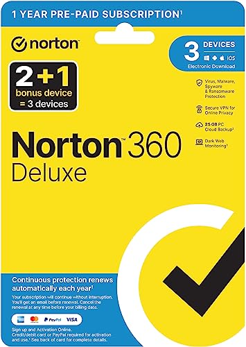 Norton 360 Delux 2022 Antivirus Software für 3 Geräte, 12 Monate Abonnement, Deluxe, 3 Geräte, 12 Monate, PC, Download von Norton