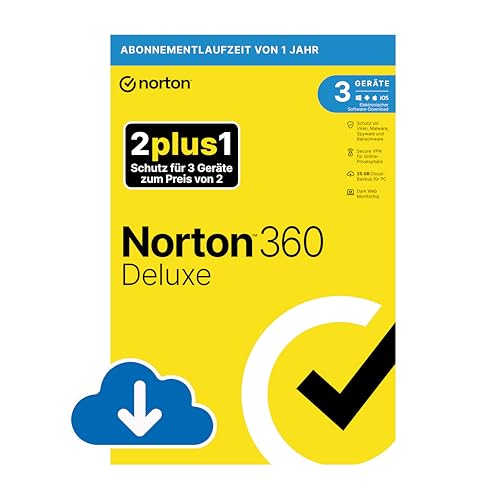 Norton 360 Deluxe 2024, 2plus1, 3 Geräte, Antivirus, Secure VPN, Passwort-Manager,1-Jahres-Abonnement, PC,Mac,Android,iOS, Aktivierungscode per Email von Norton