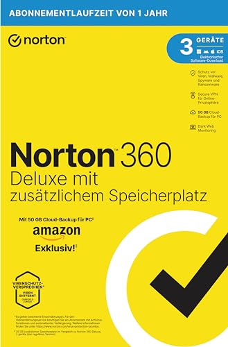 Norton 360 Deluxe mit extragroßer Backup-Kapazität – Amazon Exklusiv* 25GB zusätzlicher Cloud-Backup Speicher. Antivirus Software für 3 Geräte und einem Jahr Laufzeit von Norton