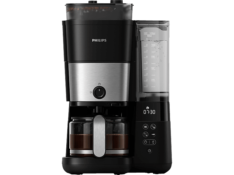 PHILIPS HD7888/01 All-in-1 Brew, mit Mahlwerk, Smart Dosierung und Kaffeebohnenbehälter, Glaskanne, 1,25 Liter, 1000 Watt Kaffeemaschine Schwarz/Silber von PHILIPS