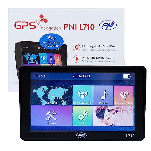PNI L710 GPS Navigationssystem mit Sonnenschutz, 7 Zoll, 800 MHz, 256 MB DDR, 16 GB interner Speicher, FM-Transmitter, mit Zwei Auto-Netzteilen im Lieferumfang enthalten von PNI