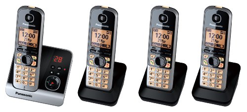 Panasonic KX-TG6724GB Quattro Schnurlostelefone mit 3 zusätzlichen Mobilteilen (4,6 cm (1,8 Zoll) Display, Smart-Taste, Freisprechen, Anrufbeantworter) schwarz/silber von Panasonic