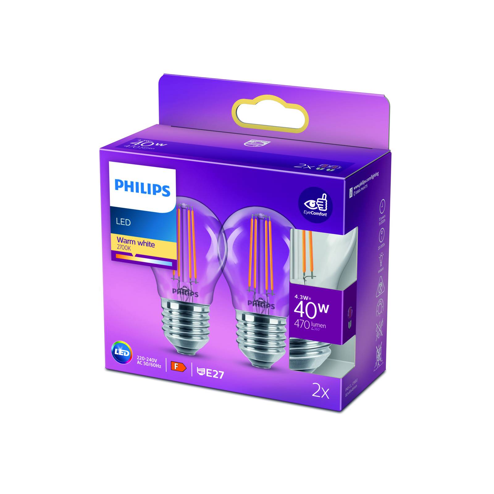 Philips LED-Lampe E27 P45 4,3W Filament 2700K 2er von Philips