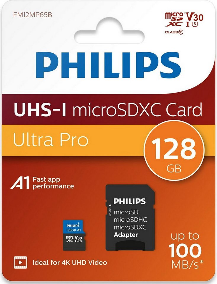 Philips Micro SDXC Karte 128GB Speicherkarte Ultra Pro UHS-I U3 V30 A1 Speicherkarte von Philips