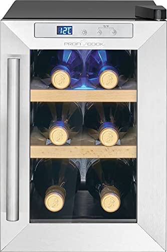 ProfiCook® Weinkühlschrank für 6 Flaschen, Getränkekühlschrank mit UV-beständiger Glastür, Weinkühler mit LED-Beleuchtung u. 3 Lagerebenen Davon 2 herausnehmbar, Bereich: 11-18°C, 17L - PC-WK 1231 von Profi Cook