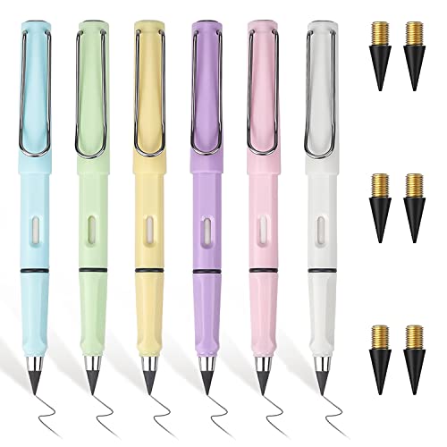 RNHDLY Ewiger Bleistift, 6 Stück Tintenlose Bleistifte Ewig, Unendlicher Bleistift, Ewiger Bleistift mit Radiergummi, Austauschbarem Ewiger Bleistift mit 6 Ersatzköpfe Ersatzminen von RNHDLY