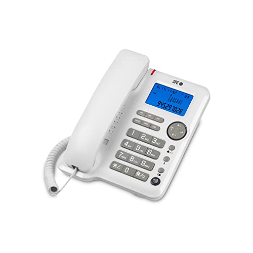 SPC Office ID – Tisch- oder Wandtelefon mit großem batteriebetriebenen Display, 3 Direktspeichern, 3 Ruftonstufen, Anrufer-ID und Freisprecheinrichtung – Weiß von SPC
