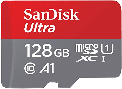SanDisk Ultra microSDXC UHS-I Speicherkarte 128 GB + Adapter (A1, Class 10, U1, Full HD-Videos, bis zu 120 MB/s Lesegeschwindigkeit)|| Geschwindigkeit-Mbps/10x , Packung mit 1 von SanDisk