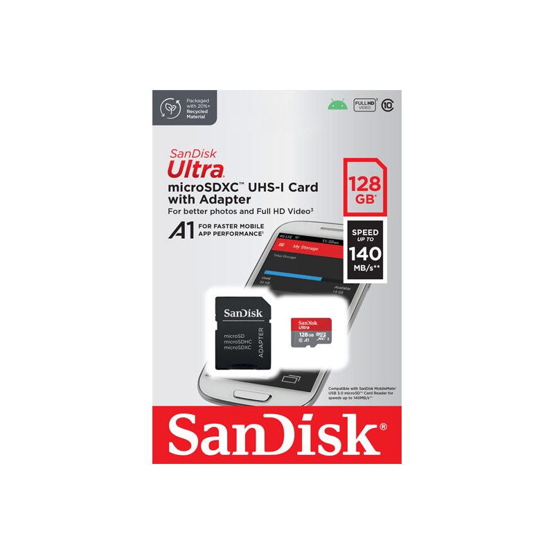microSDXC Card 128GB, Ultra, Class 10, U1, A1 + SD-Adapter von SanDisk