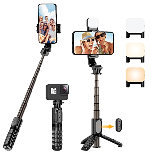 Selfie Stick Stativ mit Licht, Erweiterbar 4 in 1 360° Selfie Stange Handy Stativ mit Kabelloser Fernbedienung Mini Selfiestick Kompatibel mit iPhone Android für Selfie, Reisen, Makeup, Vlog (Schwarz) von SelfieShow