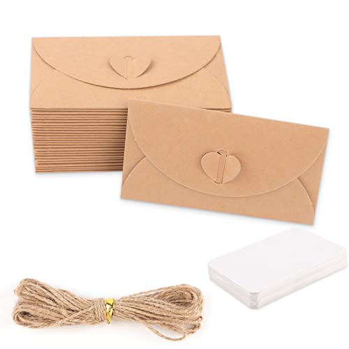 Mini Briefumschläge Set, 30 Stück Kraftpapier Umschläge mit 30 Blanko Karten, und Hanfseil, Kleine Briefumschläge mit Herz Verschluss für DIY, Geschenkkarten(10x6cm) von Svalor