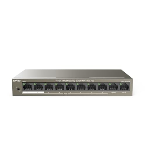 Tenda 10 Ports Fast Ethernet PoE Switch mit 8 PoE+ Ports & 2 Uplink-Ports (QoS, VLAN, 58W, IEEE 802.3af/at, 250m Übertragungsreichweite, Desktop- und Wandmontage) (TEF1110P-8-63W) von Tenda