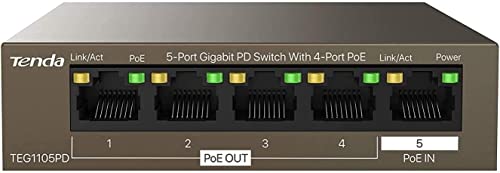 Tenda 5 Port Gigabit PoE Switch ohne Netzteil, PoE Powered Switch (1 PoE In & 4 PoE Out, Plug-and-Play PoE PD Switch, Lüfterlos, Metallgehäuse)(TEG1105PD) von Tenda