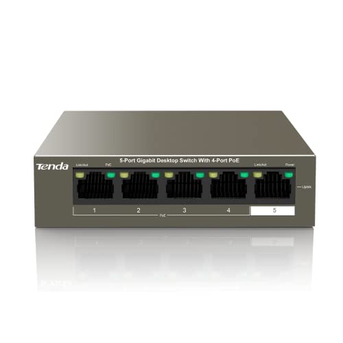 Tenda Gigabit PoE Switch 5 Ports mit 4 PoE+ Ports & 1 Uplink-Port (58W, VLAN, IEEE-802.3af/at PoE, lüfterlos, Plug-and-Play, Metallgehäuse) (TEG1105P-4-63W) von Tenda