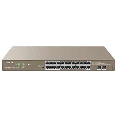 Tenda PoE Switch 24 Port Gigabit Ethernet LAN Switch mit 2x SFP-Slots (370W, VLAN, Bis zu 250m Reichweite von PoE, Plug-and-Play Netzwerk Switch, 19 Zoll Rack-Montage) (TEG1126P-24-410W) von Tenda