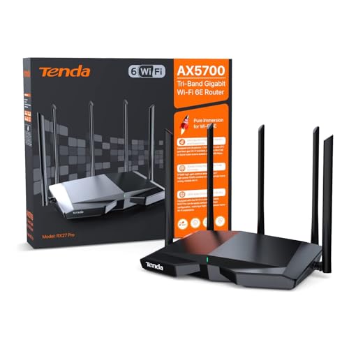 Tenda RX27 Pro WiFi 6E WLAN Router (AX5700 Tri-Band 6GHz:2402Mbps+5GHz: 2402Mbps+2,4GHz:861Mbps), 5 * 6dBi Antennen, Gigabit-Port, MU-MIMO, VPN, IPv6, WPA3, WiFi+ Mesh für AR/VR/4K/8K Video, Schwarz von Tenda