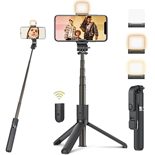 UBeesize Handy Stativ, Tragbares Selfie Stick Stativ Mit Licht Mini Selfiestick Mit Kabelloser Wireless Fernbedienung für iPhone 13 Pro/12/11 Pro/XR/8/7 und Android von UBeesize