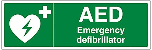VSafety 31037BJ-S "AED Emergency Defibrillator" Erste-Hilfe-Allgemeinschild, selbstklebend, Querformat, 450 mm x 150 mm, grün von V Safety