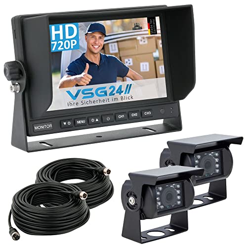 VSG24 Rückfahrkamera 7" Starter LKW-Set inkl. 2 Kameras mit HD-Auflösung RVS-24503, Monitor, Kabel & Fernbedienung – Wasserdicht Nachtsicht 12V-24V / Robustes Rückfahrsystem von VSG