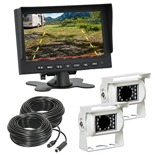 VSG24 Rückfahrkamera 7" Starter-Set Wohnmobil inkl. 2 Kameras in Weiß, Monitor, Kabel & Fernbedienung – Wasserdicht Nachtsicht 12V-24V / Robustes Rückfahrsystem für Wohnwagen Wohnmobile von VSG