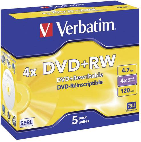 Verbatim 43229 DVD+RW Rohling 4.7GB 5 St. Jewelcase Wiederbeschreibbar, Silber Matte Oberfläche von Verbatim