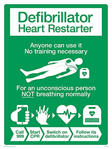 5 Stück – Defibrillator Heart Restarter mit British Heart Foundation-Symbol – 150 x 200 mm – A5P von Viking Signs