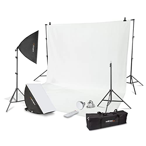 Walimex Pro Premium Fotostudio Set inkl. 2X Lampenstativ mit 2X LED Softboxen 40x60cm Bi Color und komplettem Teleskop Hintergrundsystem 120-307 cm mit Stoffhintergrund weiß von Walimex pro