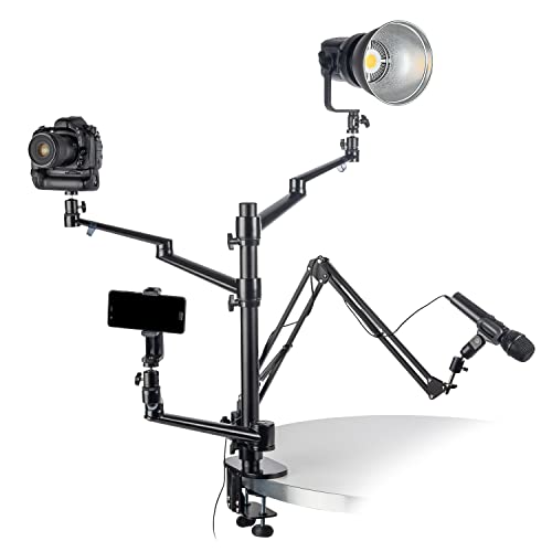 Walimex pro Flexibles Mikrofon Boom Arm Tischstativ Ständer zur Befestigung von Kamera, LED bis 2kg inkl. 360° Kugelkopf für Streaming, Vlogging, Video Calls I stabiles Klemmstativ bis 65mm Tischdicke von Walimex pro