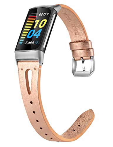 Wearlizer Kompatibel mit Fitbit Charge 6/Charge 5 Armbänder für Damen Herren, Weiches Lederarmband Ersatzarmband,Schlankes Armband zubehör für Charge 6/Charge 5 Activity Tracker, Rose Gold von Wearlizer