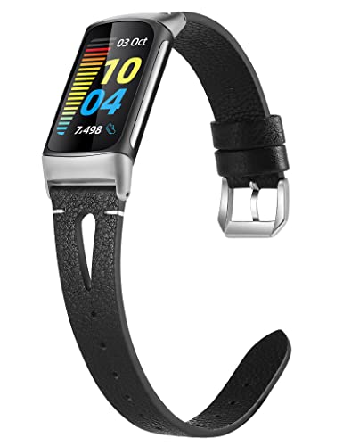 Wearlizer Kompatibel mit Fitbit Charge 6/Charge 5 Armbänder für Damen Herren, Weiches Lederarmband Ersatzarmband,Schlankes Armband zubehör für Charge 6/Charge 5 Activity Tracker, Schwarz von Wearlizer