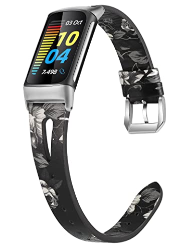 Wearlizer Kompatibel mit Fitbit Charge 6/Charge 5 Armbänder für Damen Herren, Weiches Lederarmband Ersatzarmband,Schlankes Armband zubehör für Charge 6/Charge 5 Activity Tracker, White Floral von Wearlizer