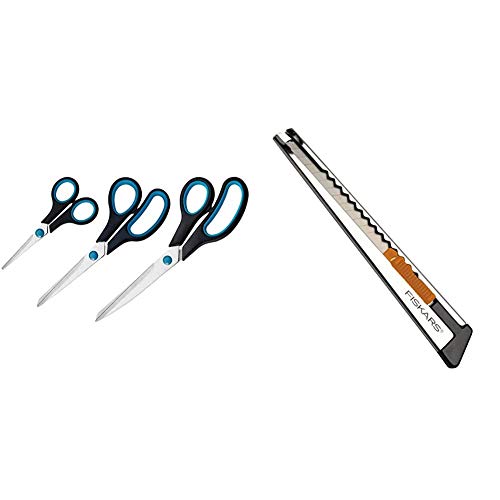 Westcott N-90027 00 Easy Grip Scheren Set, 3 Stück, 13,8cm + 20,1cm + 24,8 cm, schwarz-blau & Fiskars Profi-Cuttermesser aus Metall, Flach, 9 mm, Orange/Metall, 1004619 von Westcott