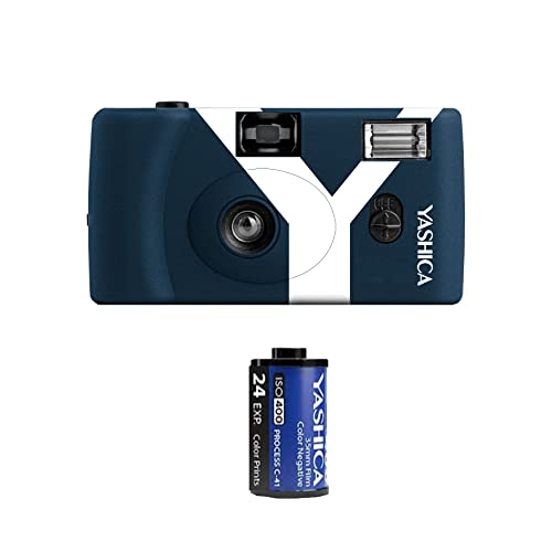 Yashica MF1 dunkel blau Kleinbild Kamera Set (Kamera+eingeletem Film+Batterie+Tragegurt) eine NACHHALTIGE nachladbare Einwegkamera von Yashica Kyocera
