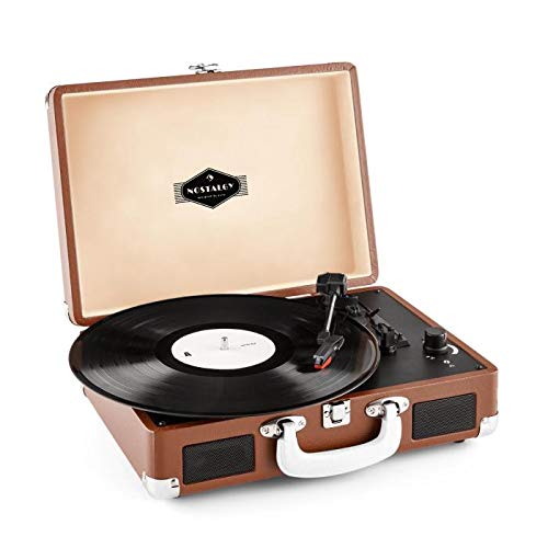 Auna Peggy Sue – Tragbarer Vinyl-Plattenspieler im Vintage-Design mit 2 Lautsprechern, USB-Port für Digitalisierung (RCA-Ausgang, 33/45/78 RPM, automatischer Start) – Braun von auna
