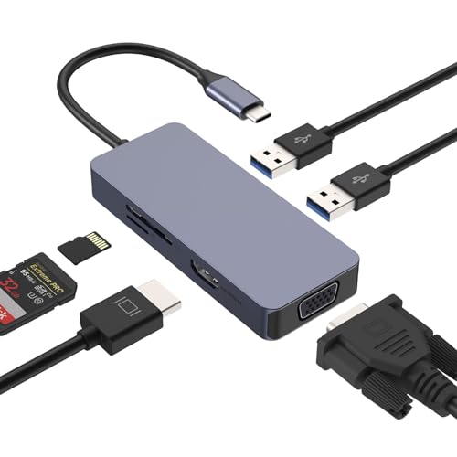 Hub USB C, oditton 6 in 1 USB C Hub mit 4K HDMI Output, VGA, SD/TF Card Reader, 2 USB 3.0, Adapter USB C für Mac Pro/Air iPad Pro Dell Huawei Surface Pro 8/7 und Andere Type C Gerät von oditton