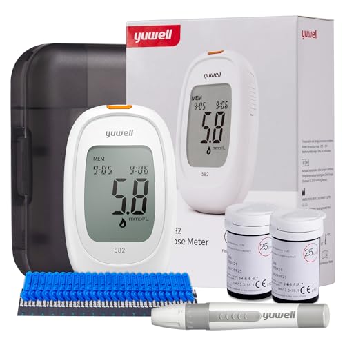 yuwell Blutzuckermessgerät Set mit Teststreifen x 50 und Lanzetten x 50, Diabetes Test ideal für den Heimgebrauch, Zuckermessgerät zur Selbstkontrolle des Blutzuckers bei Diabetes (Modell 582) von yuwell