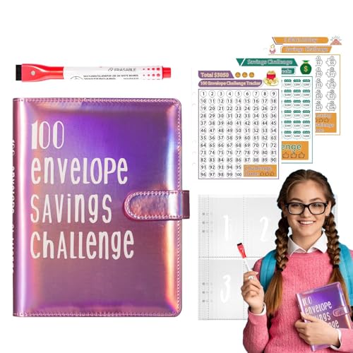 100 Briefumschläge Challenge Binder, Sparbuch mit Umschlägen, Challenge Money Book - Organized Cash Challenge Binder Savings Challenge Book mit Tracker für Frauen und Männer von ノーブランド品