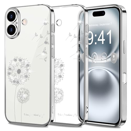 2Buyshop für iPhone 16 Hülle Original Silikon Transparent Löwenzahn Blumen Glitzer Muster Handyhülle für iPhone 16 Hülle Anti Gelb Kratzfeste Stoßfest Schutzhülle für iPhone 16 Case Cover 6,1 Zoll von 2Buyshop