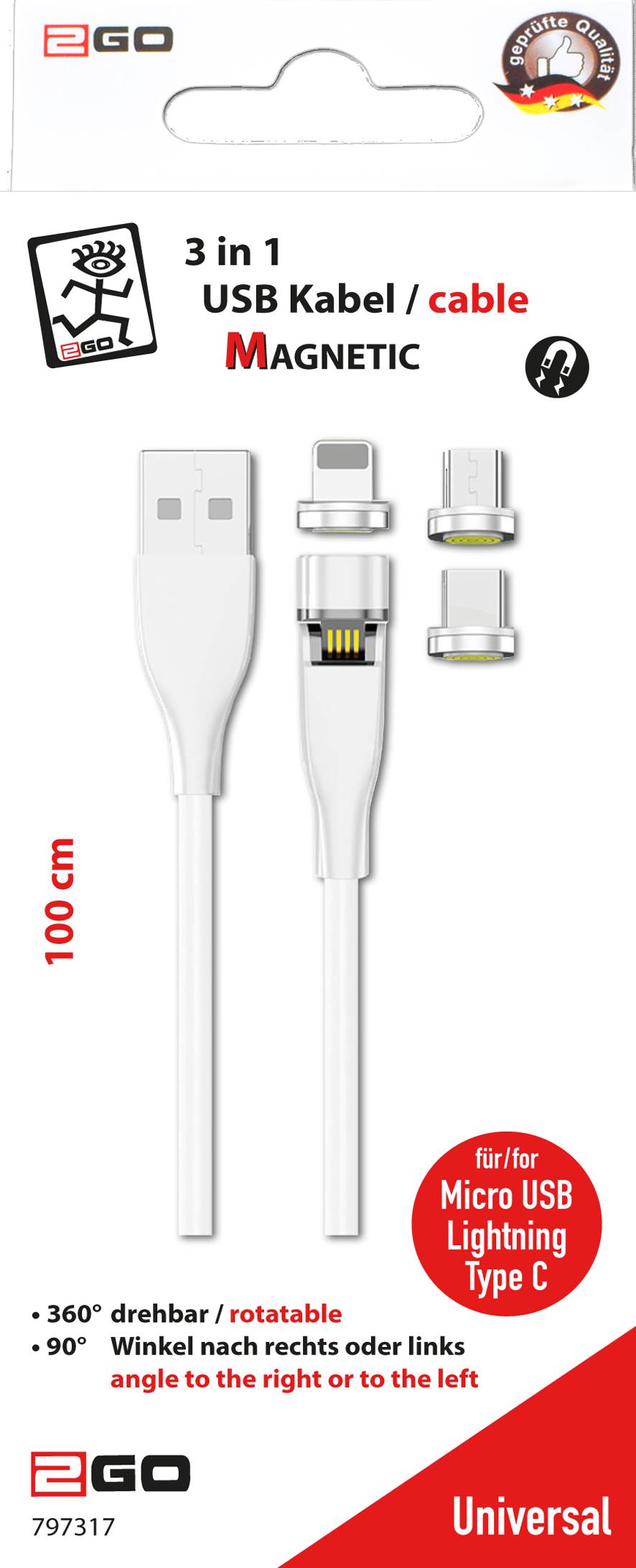 2GO USB 3in1 Magnetic Kabel drehb.Micro-USB,Lightn.,USB-C 1m von 2GO